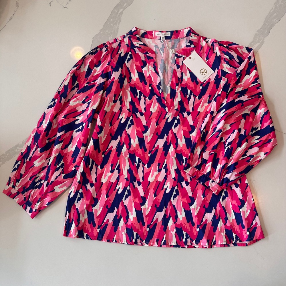 Mary Square Tamryn Top Pink Navy Blue Abstract V-Neck Blouse MSWT878660 Medium